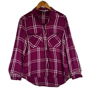 Express Plaid Shirt XS Roll‎ Tab Sleeve Button Down Top Pockets Purple White